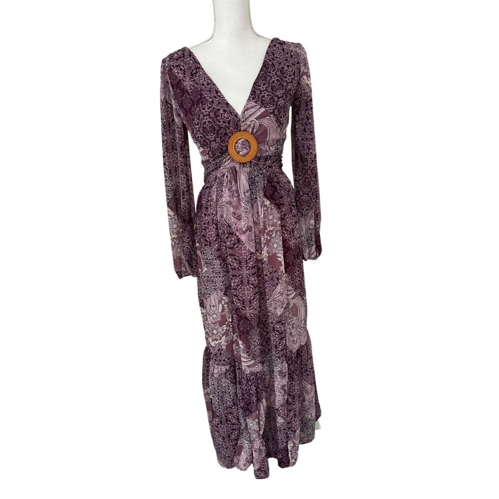 Jessica Simpson Dress Sz XS Boho Maxi Paisley Print Long Sleeve V-Neck Back Tie
